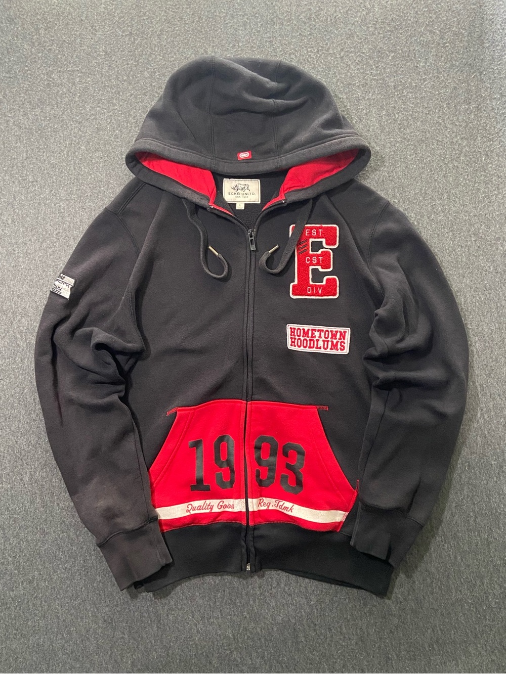 Vintage Ecko Unltd Full Zip Hoodie Mens Large Black Red Y2K Hometown Hoodlums⁠